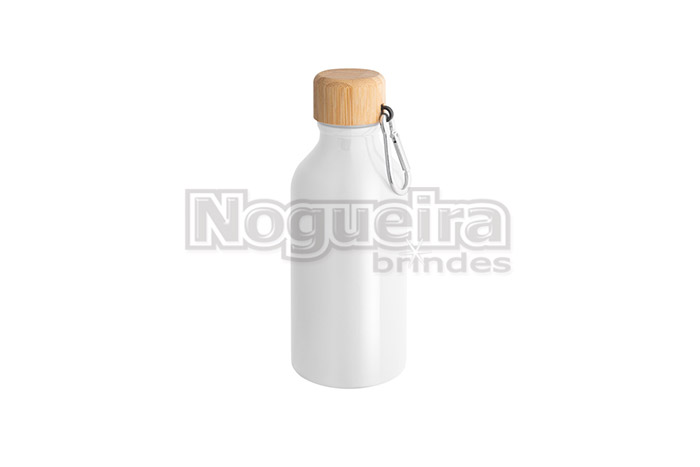Squeeze Alumínio 400ml Reciclado com Tampa de Bambu e Mosquetão Personalizado