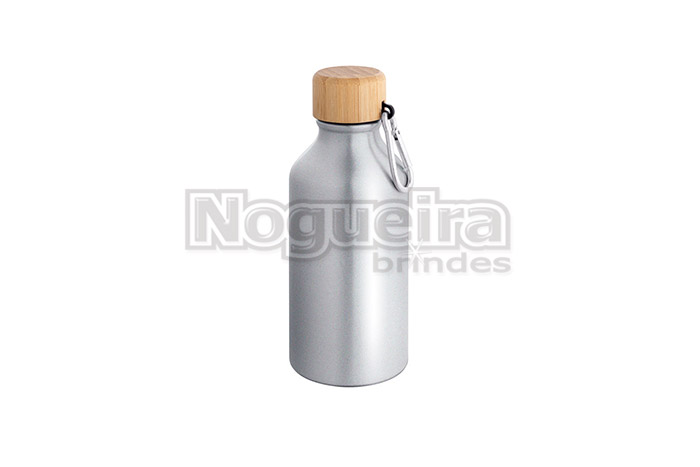 Squeeze Alumínio 400ml Reciclado com Tampa de Bambu e Mosquetão Personalizado