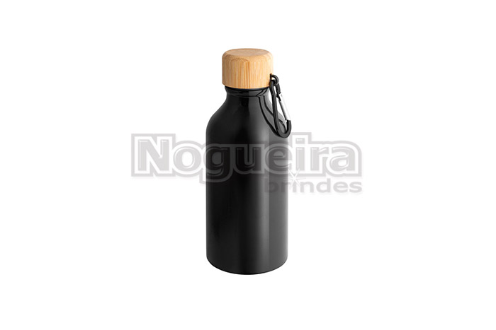 Squeeze Alumínio 400ml Reciclado com Tampa de Bambu e Mosquetão Personalizado