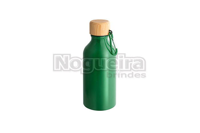 Squeeze Alumínio 400ml Reciclado com Tampa de Bambu e Mosquetão Personalizado