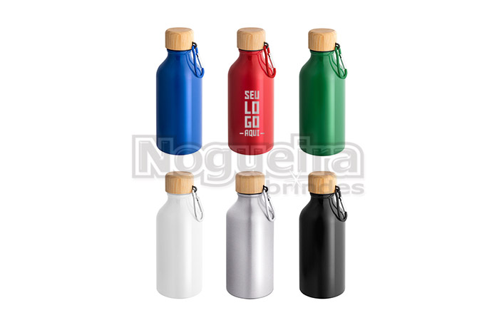 Squeeze Alumínio 400ml Reciclado com Tampa de Bambu e Mosquetão Personalizado