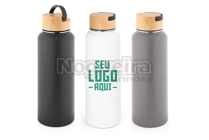 Garrafa Térmica de Inox com Detalhe em Bambu Personalizada   