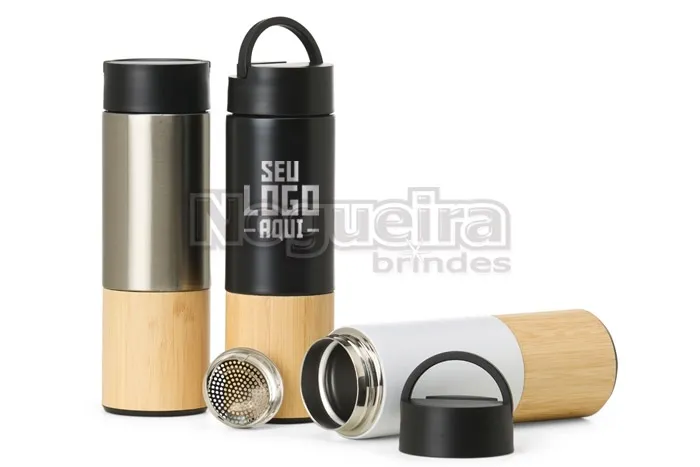 Garrafa Térmica de Inox e Bambu Personalizada