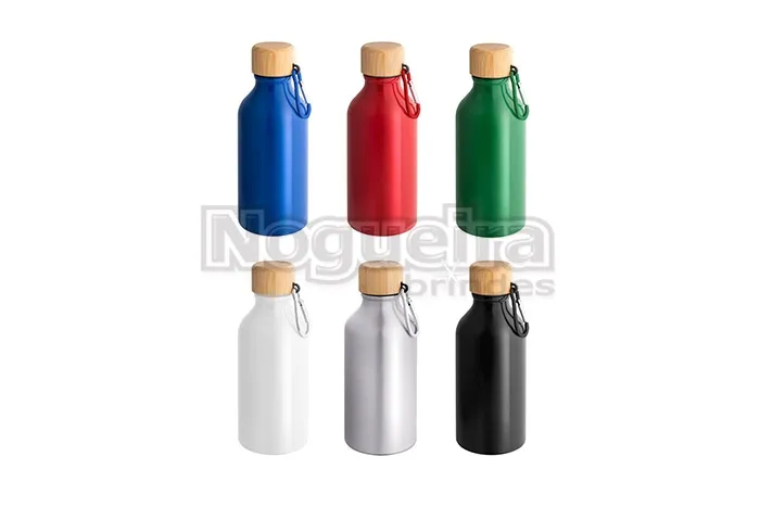 Squeeze Alumínio 400ml Reciclado com Tampa de Bambu e Mosquetão Personalizado