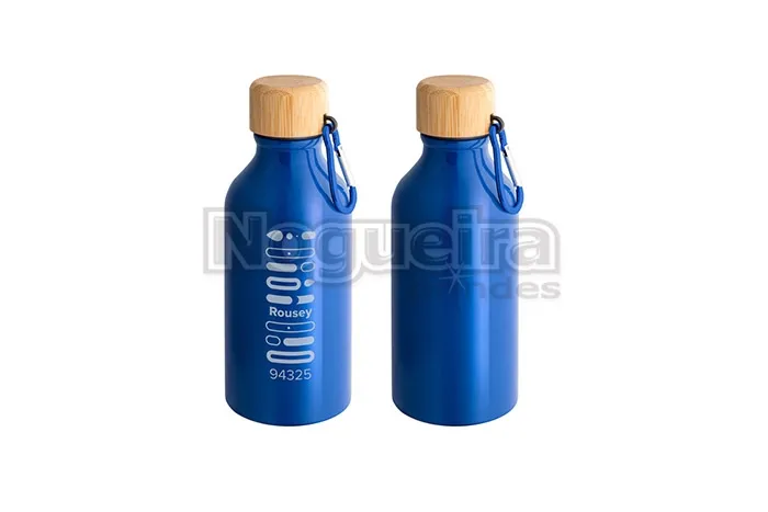 Squeeze Alumínio 400ml Reciclado com Tampa de Bambu e Mosquetão Personalizado